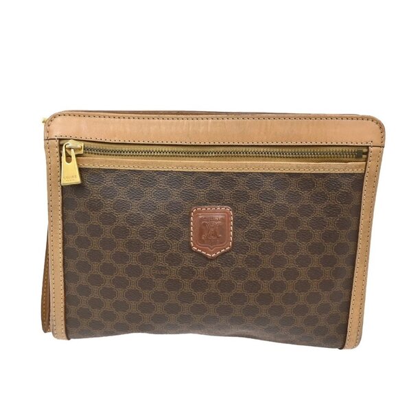 CELINE Logo Macadam Pattern Clutch Pouch Bag PVC Leather Brown GHW Italy 09KB626 - Picture 1 of 16